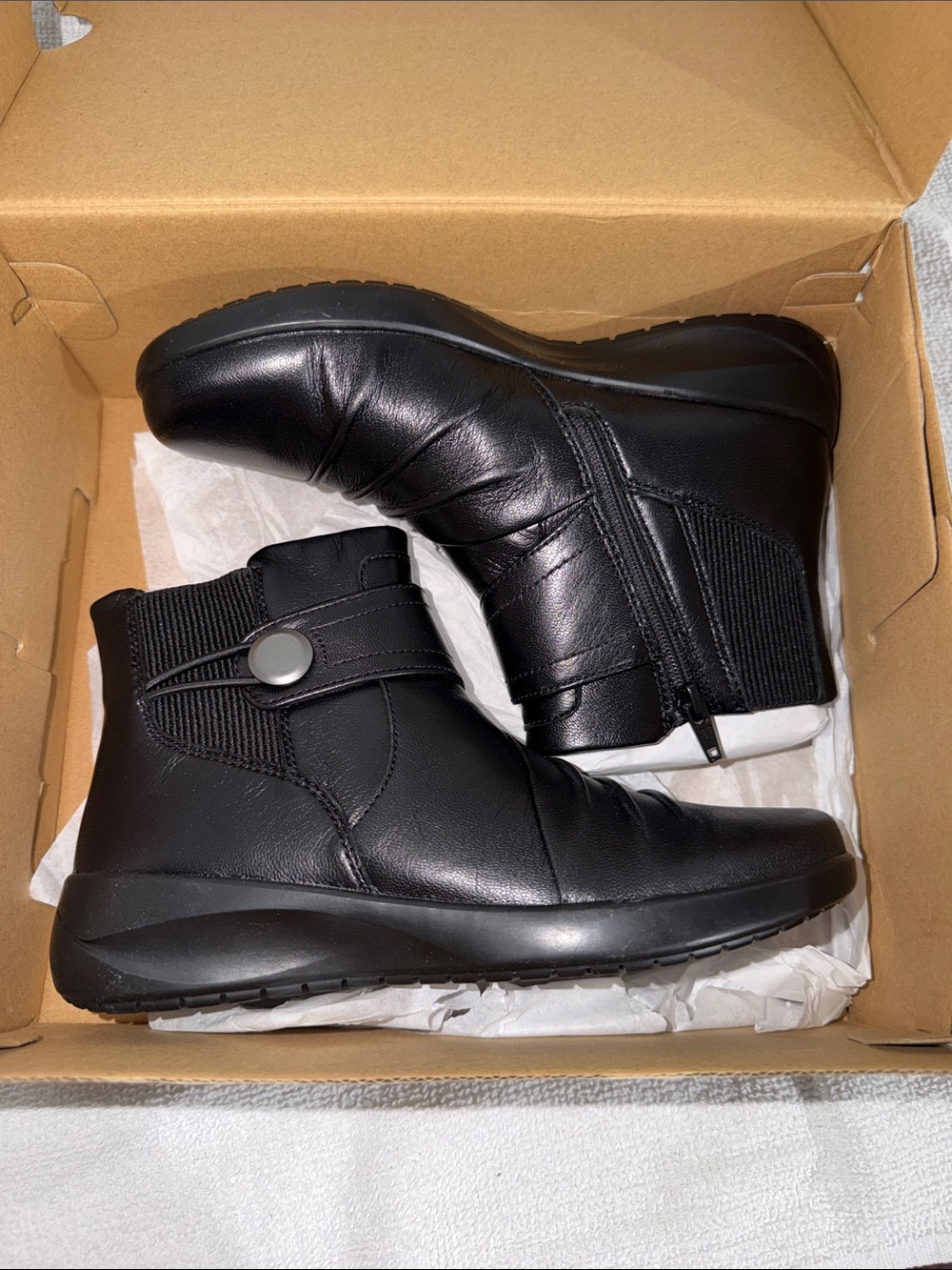 Clarks Black Women's Ankle Boots with Side Zip and Strap